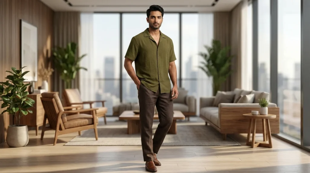 Men's Olive Green Textured Short Sleeve Resort Shirt (2)