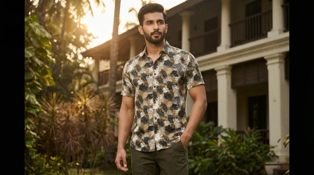 Men's Olive Tropical Leaf Print Slim Fit Shirt (2)