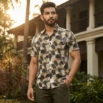 Men's Olive Tropical Leaf Print Slim Fit Shirt (2)