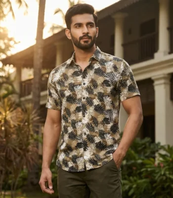 Men's Olive Tropical Leaf Print Slim Fit Shirt (2)
