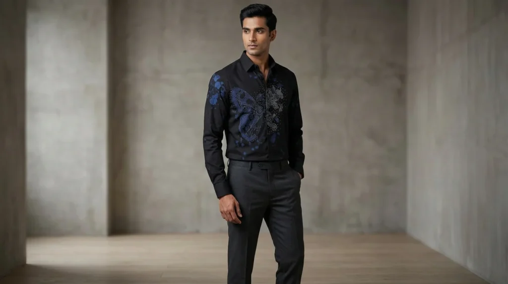 Men’s Onyx Black Embellished Luxury Party Wear Shirt (1)