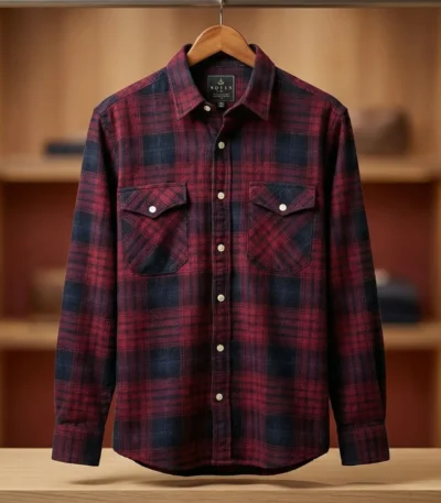 Men’s Premium Blue & Crimson Plaid Brushed Cotton Flannel Shirt (4)