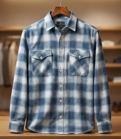 Men’s Premium Blue and White Plaid Flannel Over Shirt (3)
