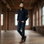 Men’s Premium Navy Blue Corduroy Utility Shirt with Elbow Patches (1)