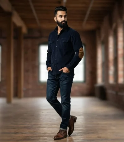 Men’s Premium Navy Blue Corduroy Utility Shirt with Elbow Patches (1)