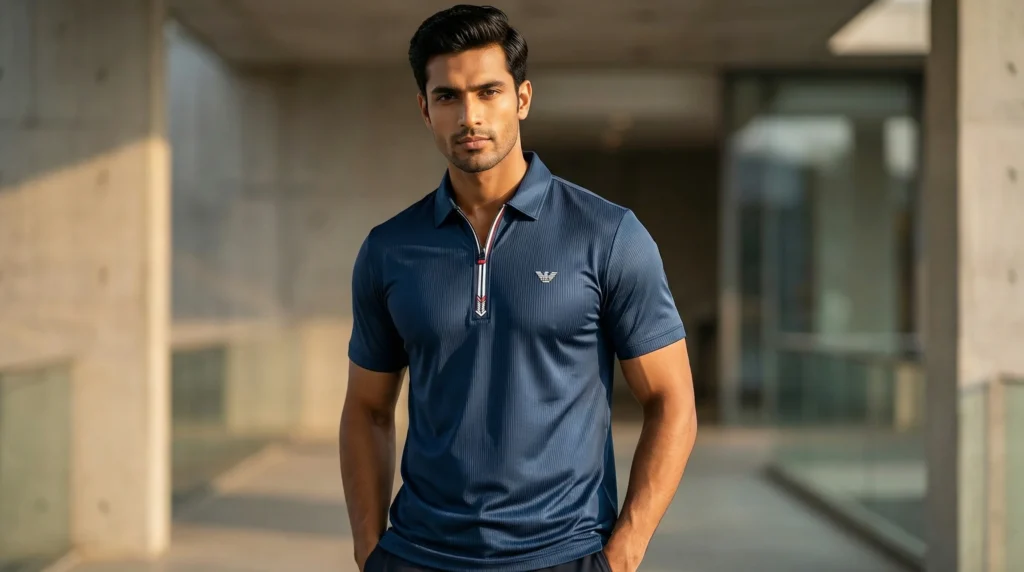 Men’s Premium Navy Blue Slim Fit Textured Polo with Zipper Neck (1)