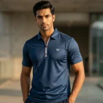 Men’s Premium Navy Blue Slim Fit Textured Polo with Zipper Neck (1)