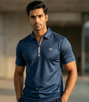 Men’s Premium Navy Blue Slim Fit Textured Polo with Zipper Neck (1)