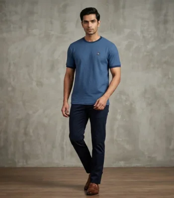 Men's Premium Navy Blue Solid Cotton Crew Neck T Shirt (3)