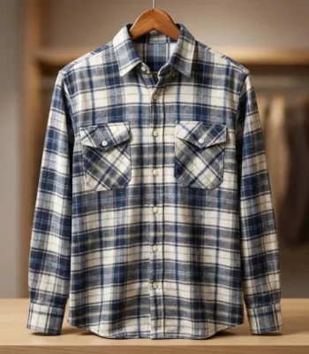 Men’s Premium Navy and Cream Plaid Cotton Flannel Shirt (4)