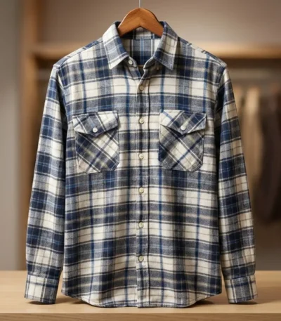 Men’s Premium Navy and Cream Plaid Cotton Flannel Shirt (4)