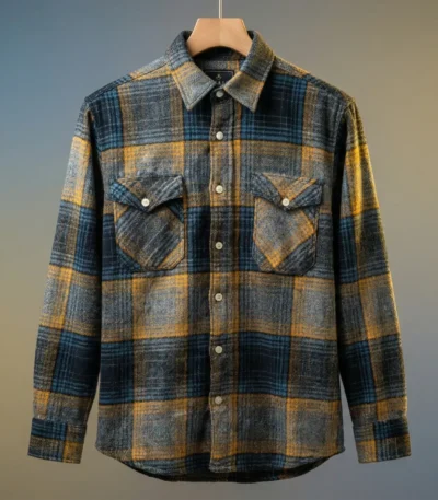 Men’s Premium Ochre and Navy Checked Flannel Overshirt (5)