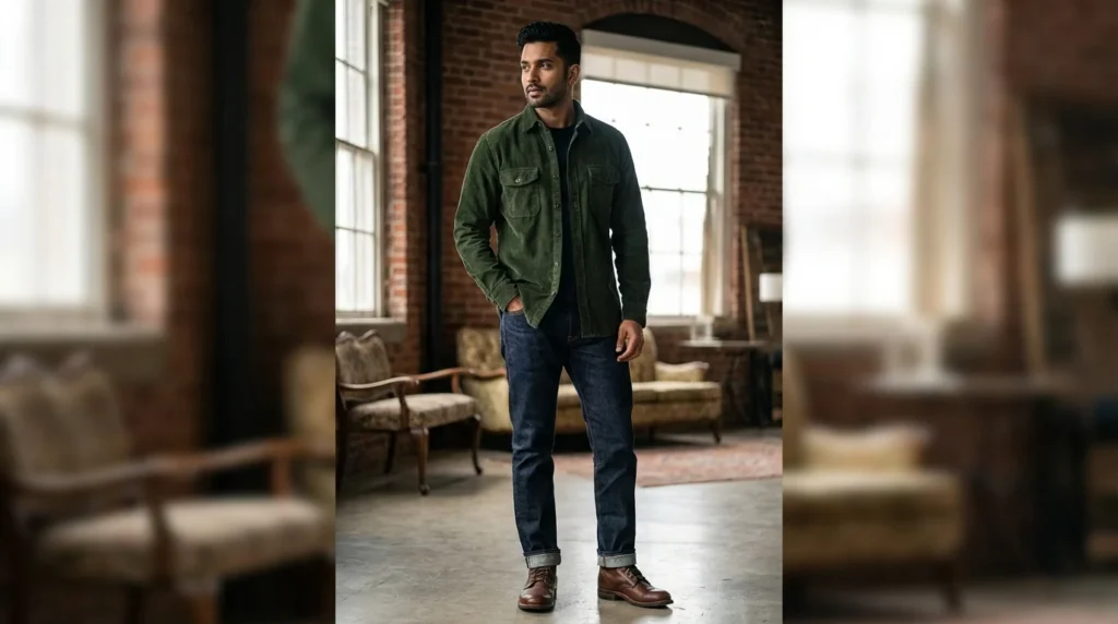 Men’s Premium Olive Green Corduroy Utility Full Sleeve Shirt (3)