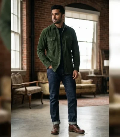 Men’s Premium Olive Green Corduroy Utility Full Sleeve Shirt (3)