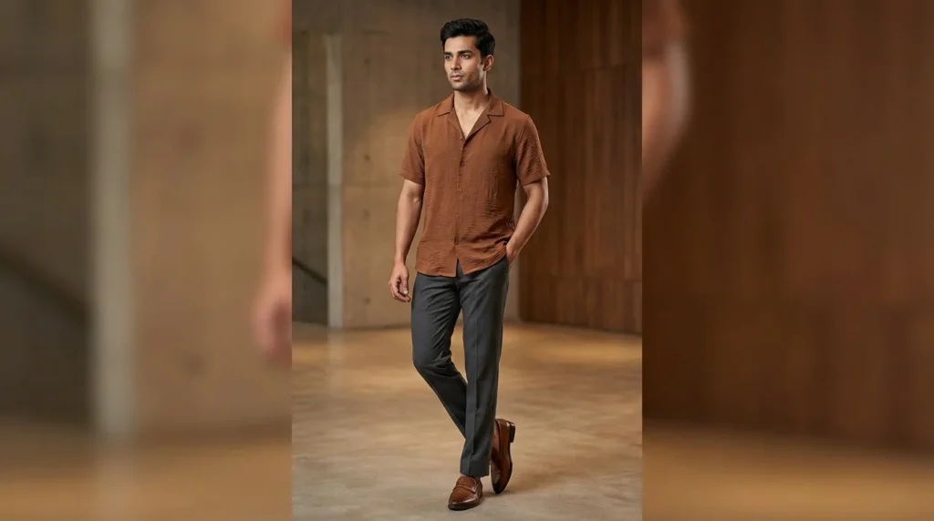 Men's Rust Brown Textured Short Sleeve Resort Shirt (2)