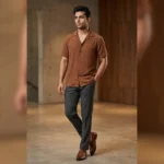 Men's Rust Brown Textured Short Sleeve Resort Shirt (2)