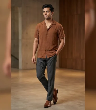 Men's Rust Brown Textured Short Sleeve Resort Shirt (2)