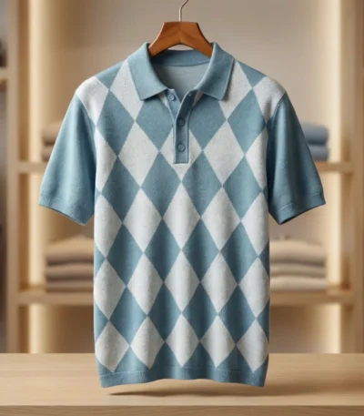 Men’s Sky Blue Argyle Knit Polo Shirt (1)