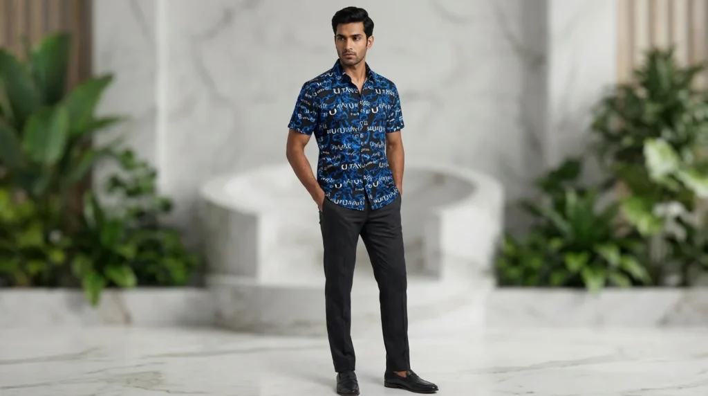 Men's Sky Blue Embroidered Leaf Short Sleeve Resort Shirt (1)