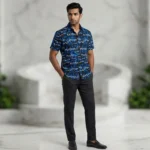 Men's Sky Blue Embroidered Leaf Short Sleeve Resort Shirt (1)