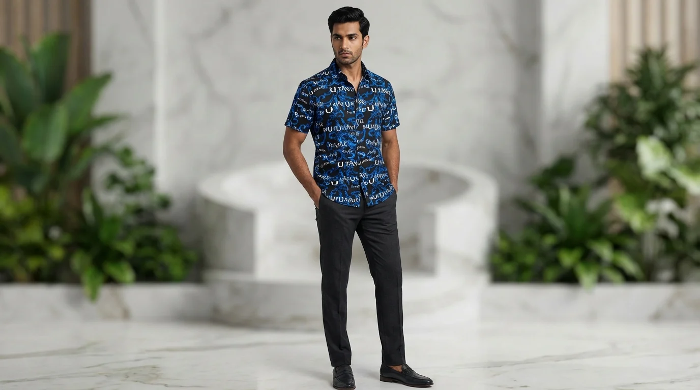 Men's Sky Blue Embroidered Leaf Short Sleeve Resort Shirt (1) Men's Sky Blue Embroidered Leaf Short Sleeve Resort Shirt (1)