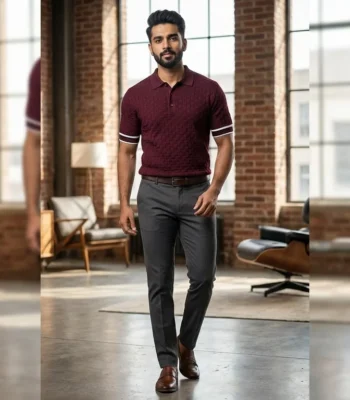 Men's Sky Blue Leaf Embroidered Short Sleeve Resort Shirt (1)