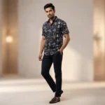 Men's Sky Blue Short Sleeve Resort Shirt with Ivory Leaf Embroidery (2)