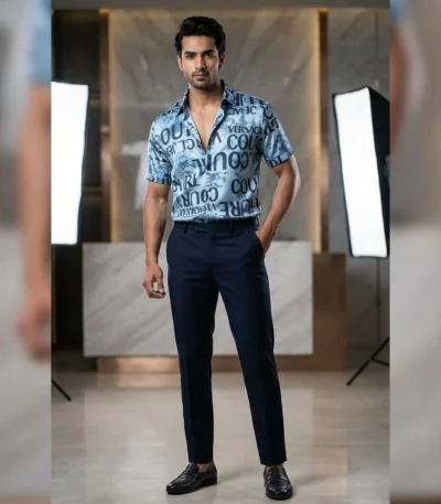 Men’s Steel Blue Bold Typography Premium Casual Shirt