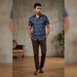 Men’s Teal Blue Baroque Geometric Print Premium Casual Shirt (8)