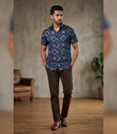 Men’s Teal Blue Baroque Geometric Print Premium Casual Shirt (8)