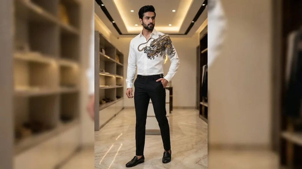 Men’s White Luxury Dragon Embroidered Full Sleeve Shir (1)