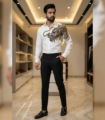 Men’s White Luxury Dragon Embroidered Full Sleeve Shir (1)