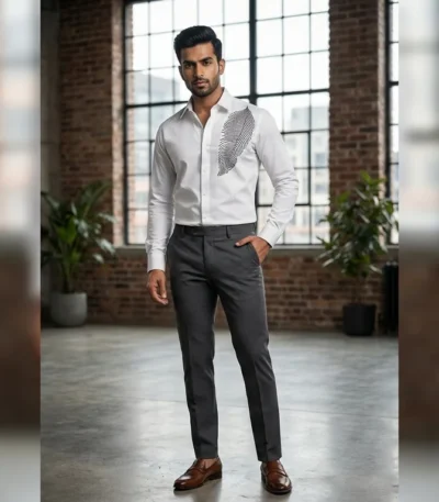 Men’s White Premium Feather Embellished Formal Shirt (4)