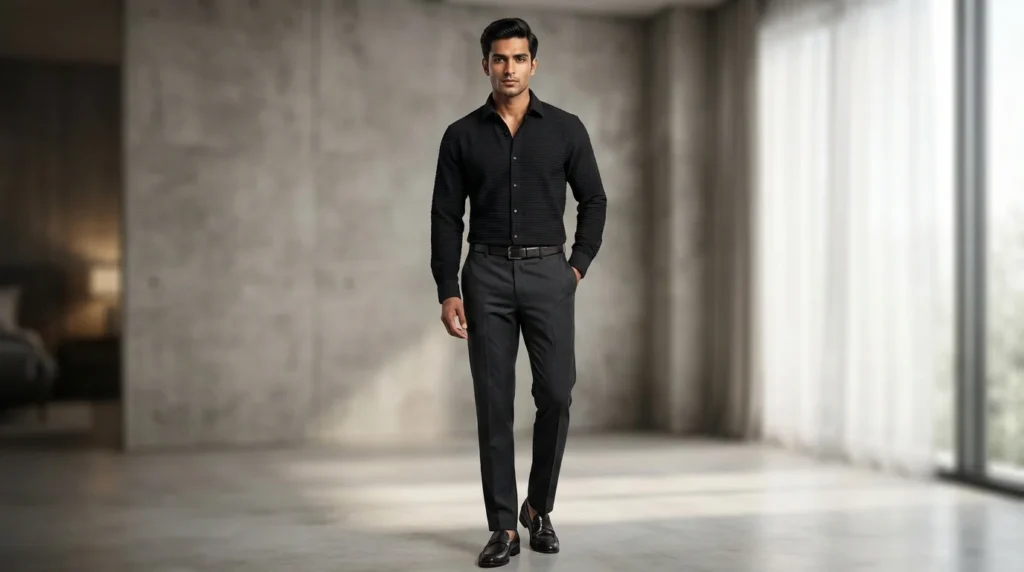 Premium Men's Black Vertical Ribbed Knit Long Sleeve Shirt (1)