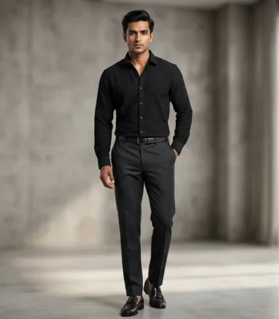 Premium Men's Black Vertical Ribbed Knit Long Sleeve Shirt (1)