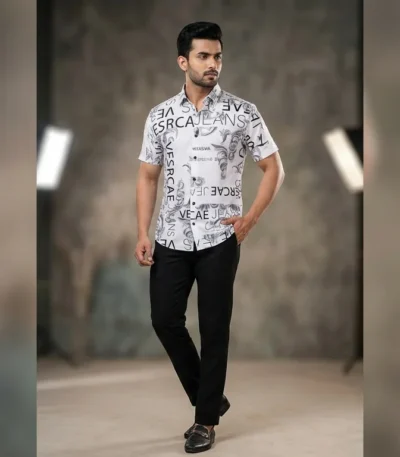 VESRCAE JEANS Men’s White Baroque Print Casual Shirt (2)