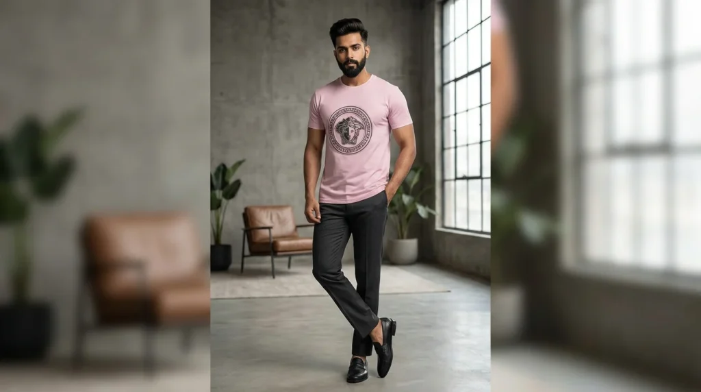 Versace Men’s Light Pink Medusa 3D Embroidered T Shirt (2)