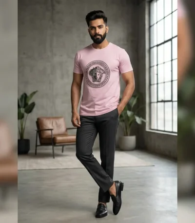 Versace Men’s Light Pink Medusa 3D Embroidered T Shirt (2)