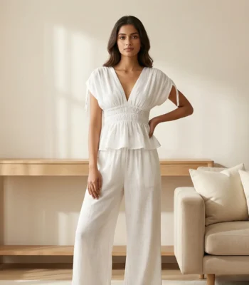 Women's Arctic White Smocked Peplum Co ord Set (1)