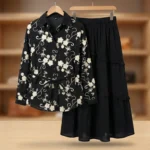 Women’s Black Floral Embroidered Shirt & Tiered Maxi Skirt Set (1)