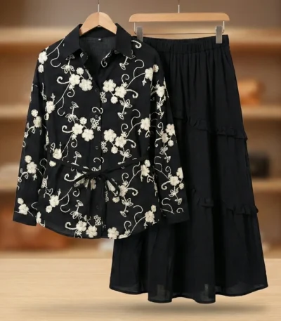 Women’s Black Floral Embroidered Shirt & Tiered Maxi Skirt Set (1)