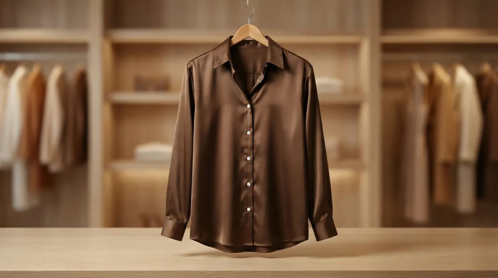 Women’s Chocolate Brown Lustrous Satin Button Down Shirt (5)