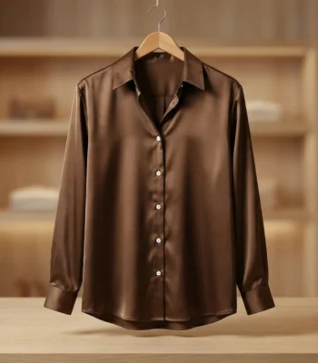 Women’s Chocolate Brown Lustrous Satin Button Down Shirt (5)