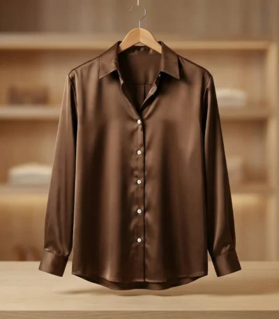 Women’s Chocolate Brown Lustrous Satin Button Down Shirt (5)