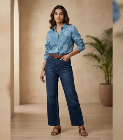 Women's Sky Blue Floral Print Cotton Regular Fit Shirt (5)