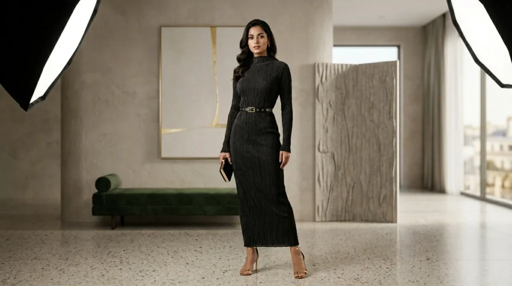 A premium matte black ribbed mock neck maxi dress with full sleeves and ankle length (5)