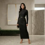 A premium matte black ribbed mock neck maxi dress with full sleeves and ankle length (5)