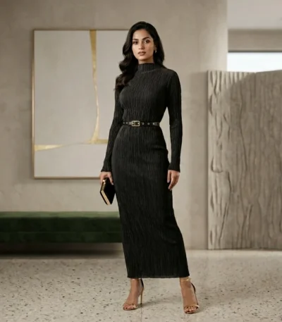 A premium matte black ribbed mock neck maxi dress with full sleeves and ankle length (5)