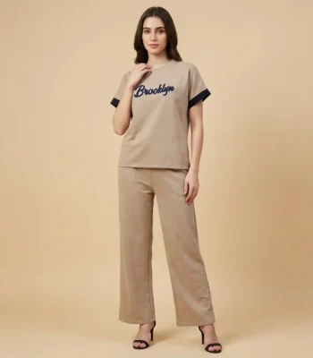 Brooklyn Edition Women’s Ribbed Cotton Co ord Set in Beige & Navy (1)