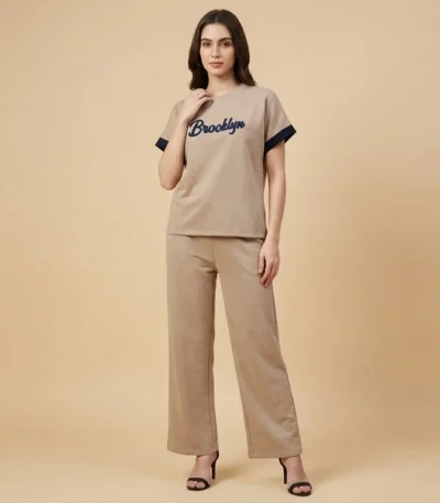 Brooklyn Edition Women’s Ribbed Cotton Co ord Set in Beige & Navy (1)